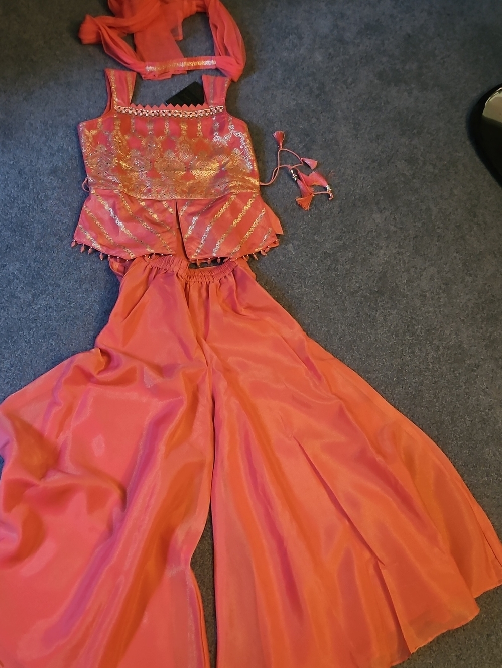 Ethnic Indian Wear Coral Wide-Leg Palazzo Set with Embellished Crop Top